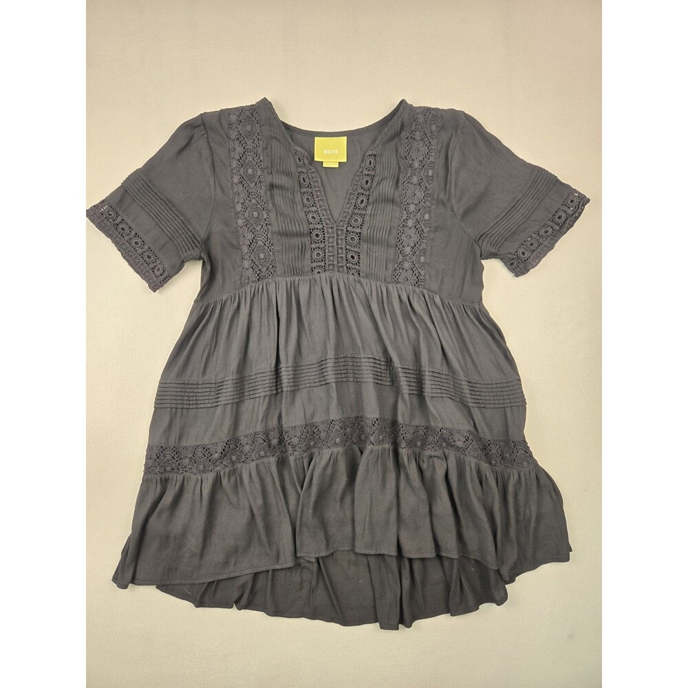 Maeve Anthropologie Black Crochet Lace Tiered Babydoll Tunic Top Dress Boho Sz M